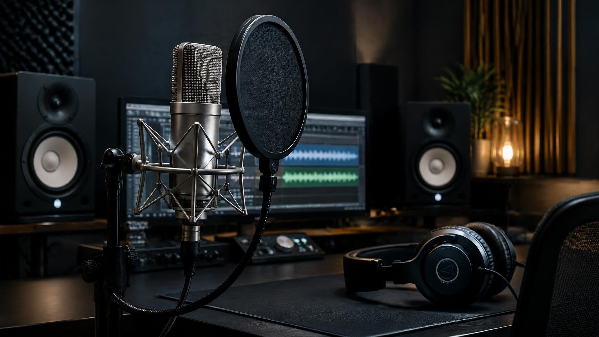 Studio with microphone and audio equipment