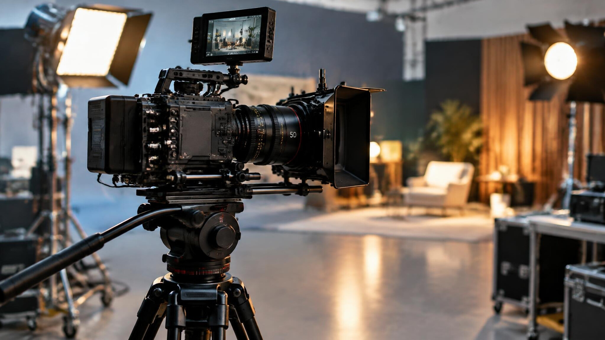 Professional cinema camera on a set with lights