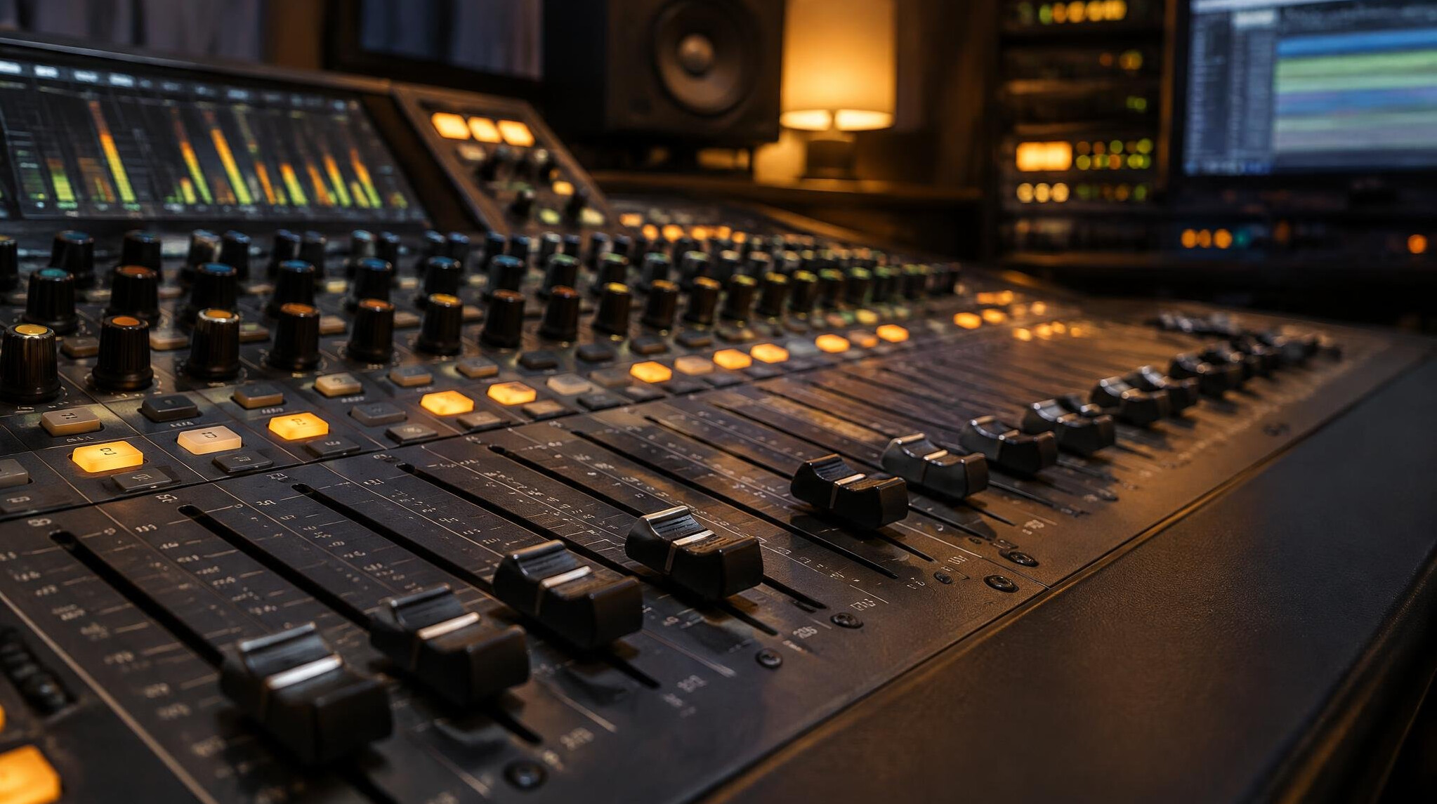 Audio mixing console with faders in a production control room