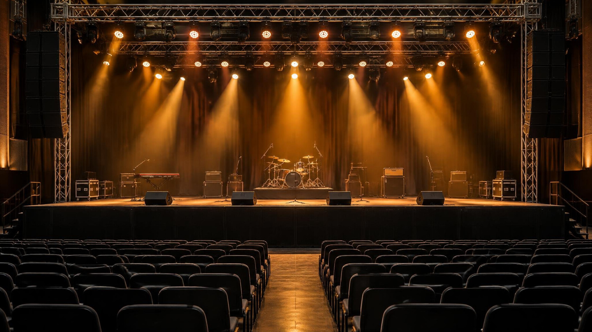 Stage with lighting rigs and audience seating prepared for a live show
